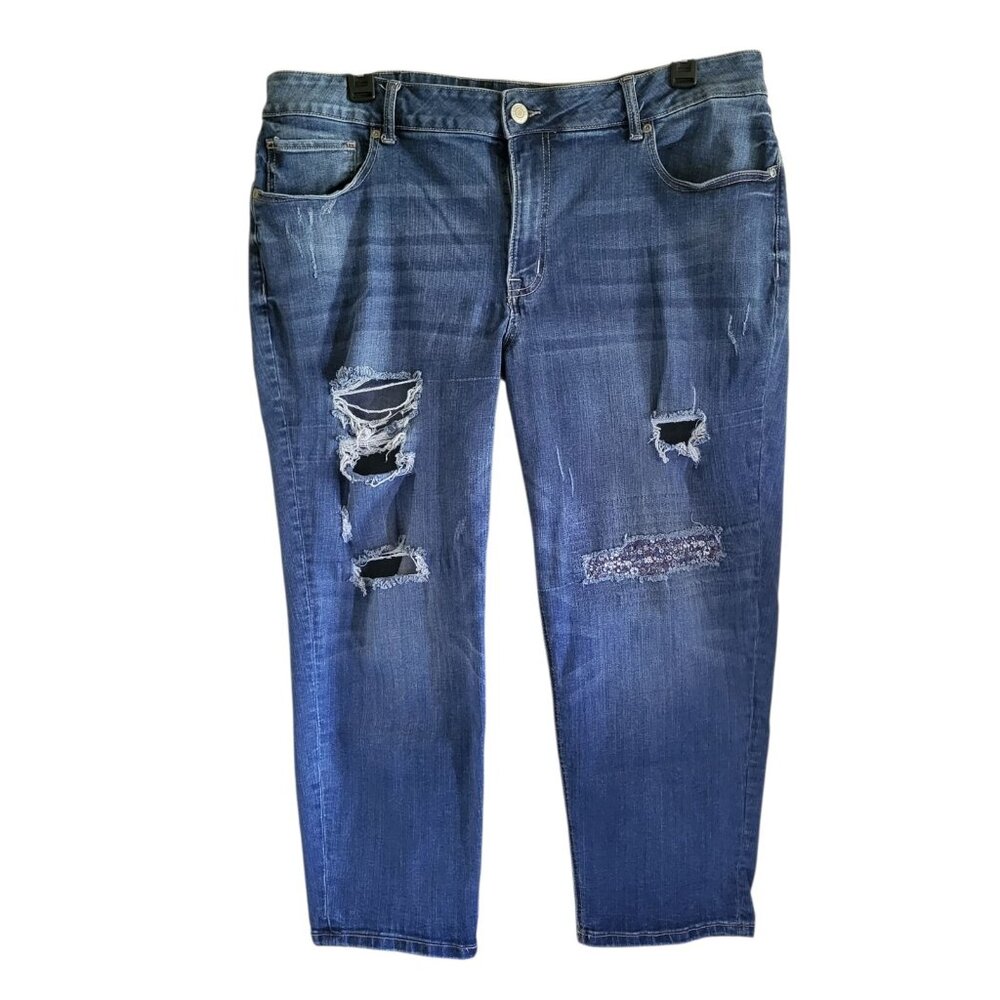 2‎ for $30 Mid Rise Jeans Size 22W Distressed Floral Patch Cropped